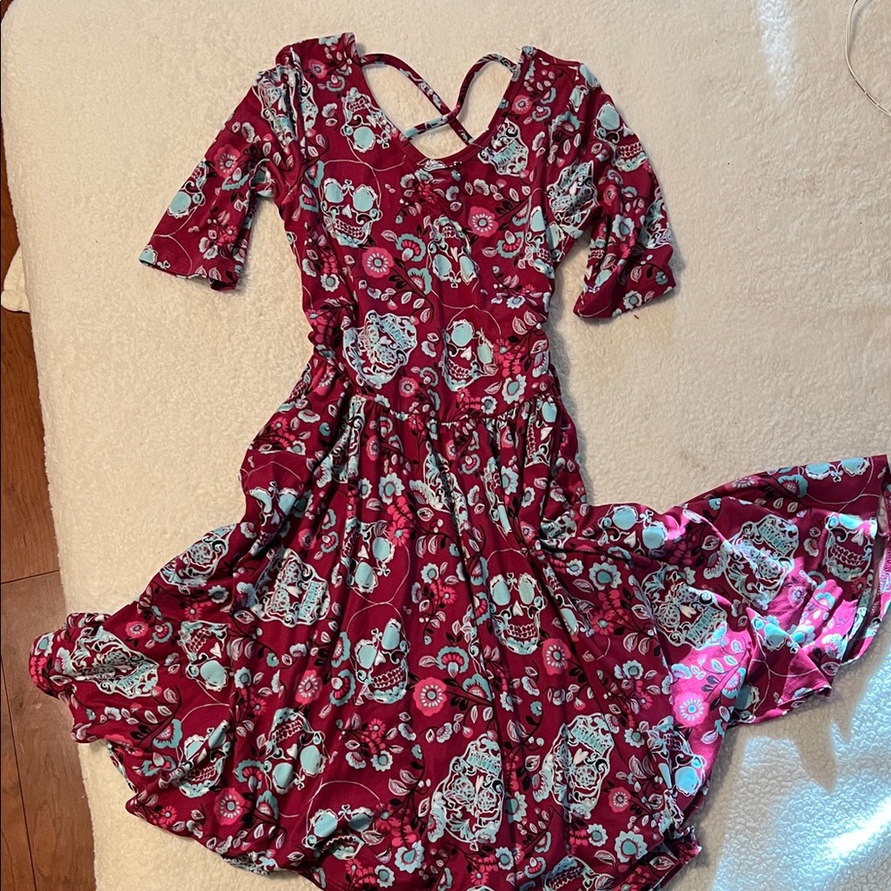 Dot Dot Smile Floral Burgundy Skulls Girls Dress
